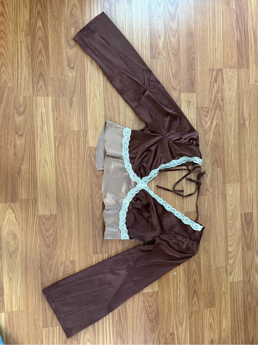 Satin Lace Trim Brown & Taupe Women's Sleepwear Top